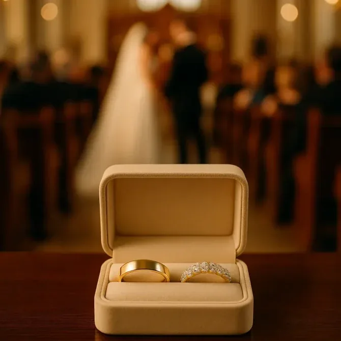 Alianzas de boda de oro amarillo en estuche con los novios en la ceremonia al fondo