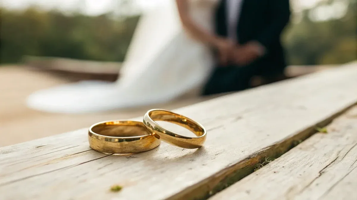 Dos alianzas de boda clásicas de oro amarillo lisas sobre madera con los novios al fondo