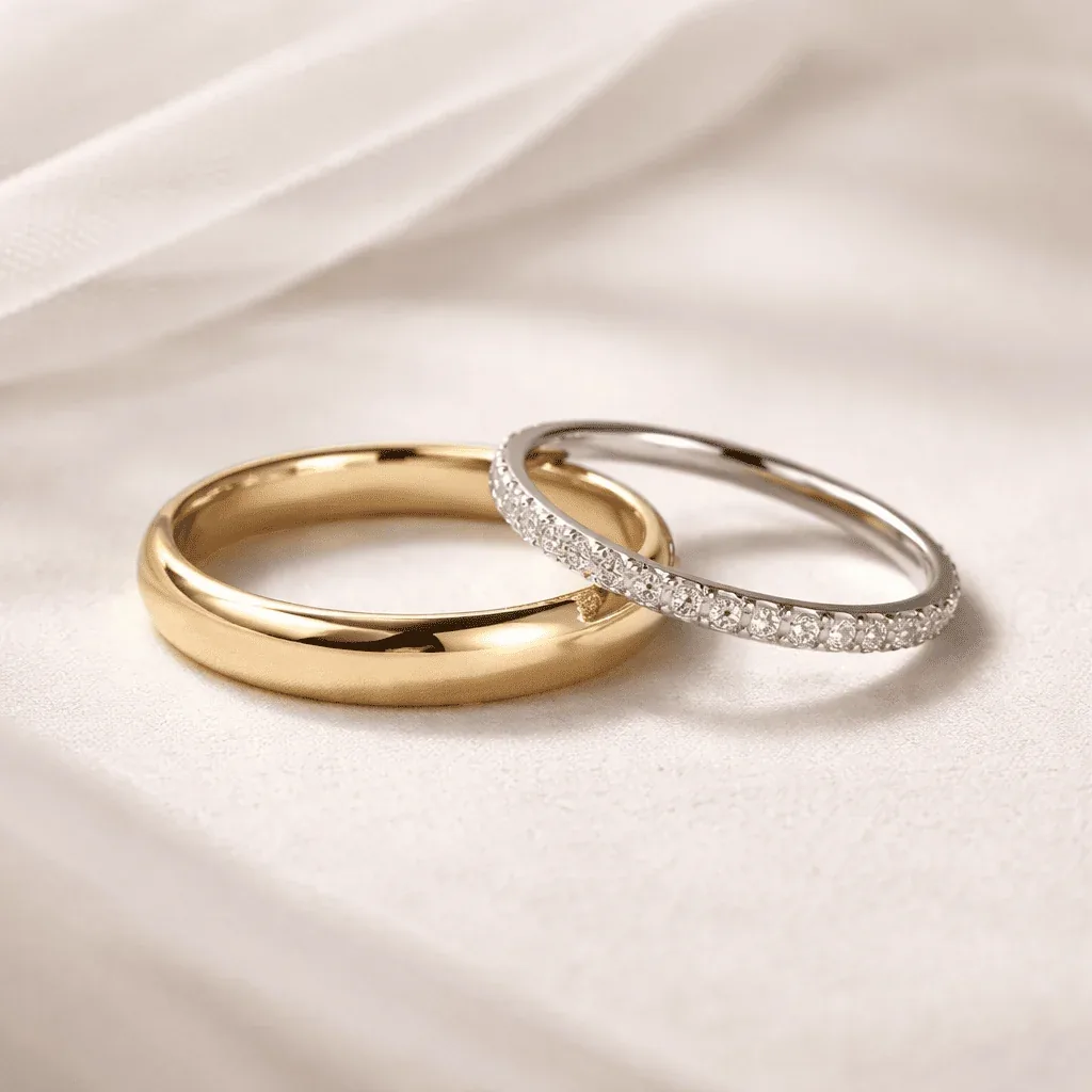 Alianza de boda de oro amarillo lisa junto a alianza de oro blanco con diamantes