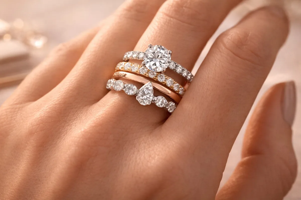 Anillo de compromiso solitario con alianzas de diamantes en oro blanco, amarillo y rosa