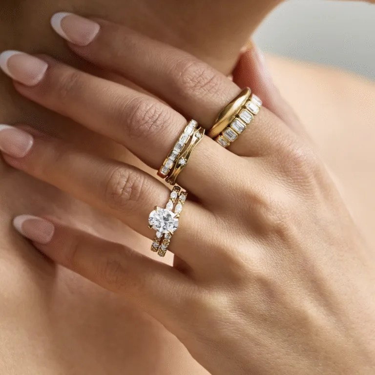 Mano con anillo de compromiso solitario oval en oro amarillo combinado con alianzas de diamantes