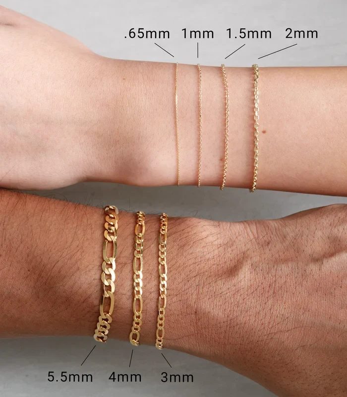 Comparación de grosores de pulseras de oro en muñeca de mujer y de hombre, en milímetros